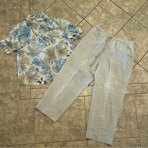 ALFRED DUNNER Two Piece Bamboo Print Button Down Blouse 12 & Tan Capri Pants 10P